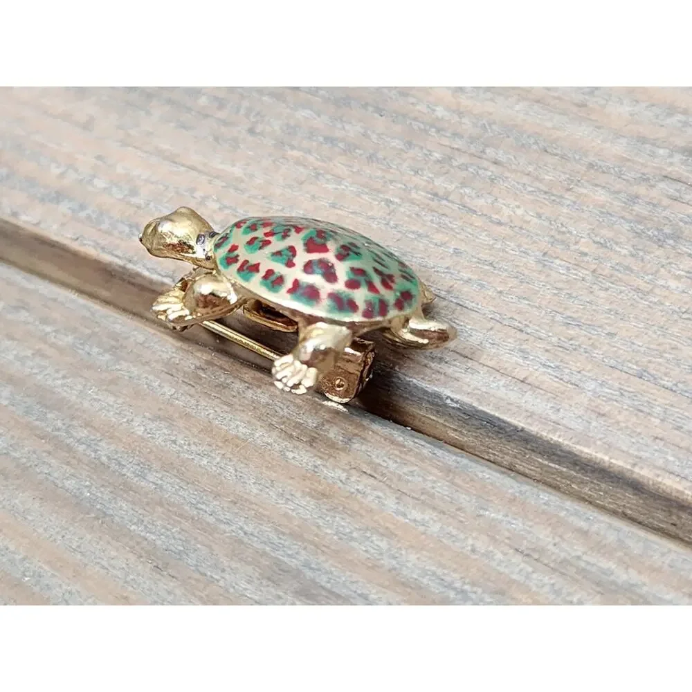 Vintage Gold Tone Turtle Pin Metal Enamel Brooch Reptile
